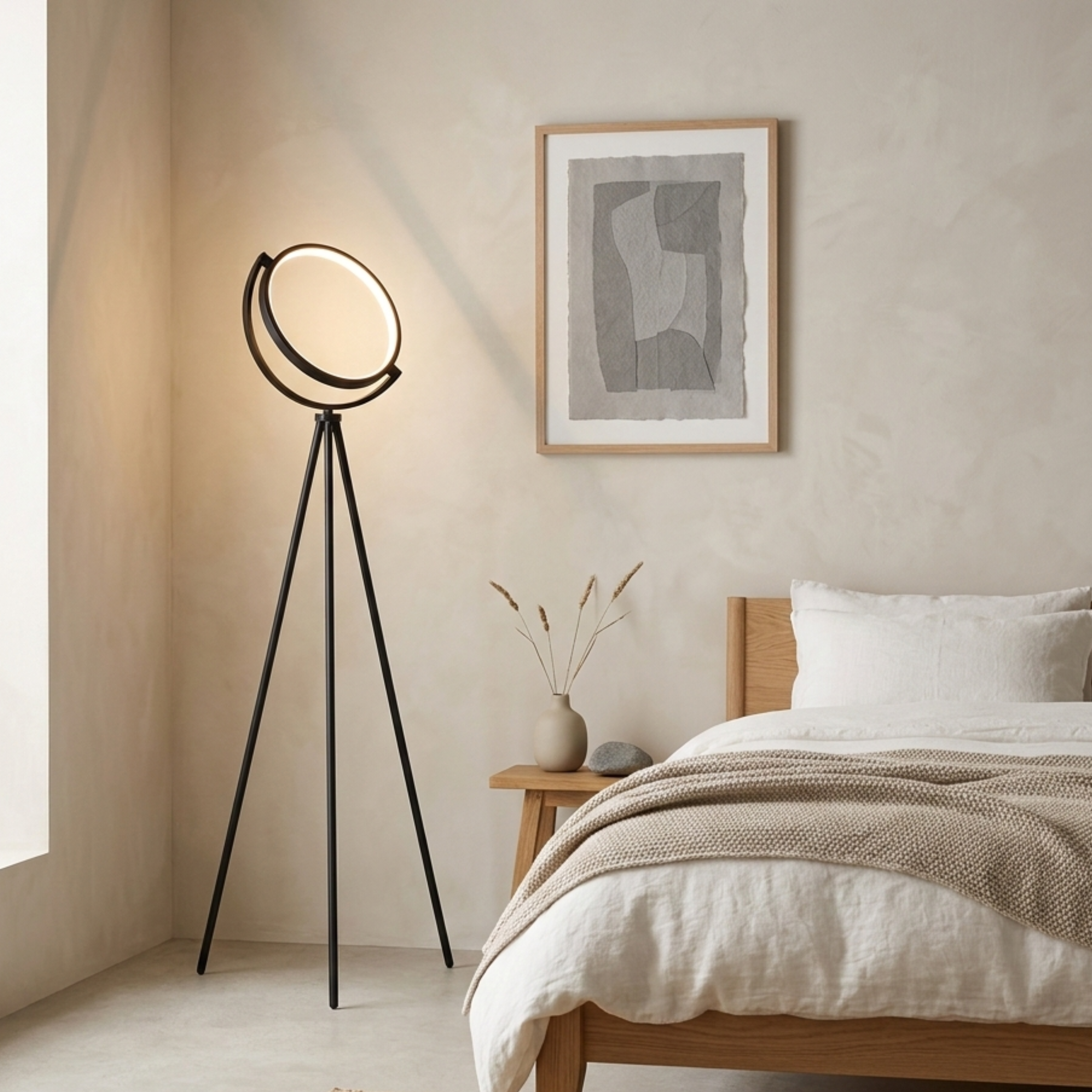 Minimalist Black Aluminium LED Ring Tripod Floor Lamp