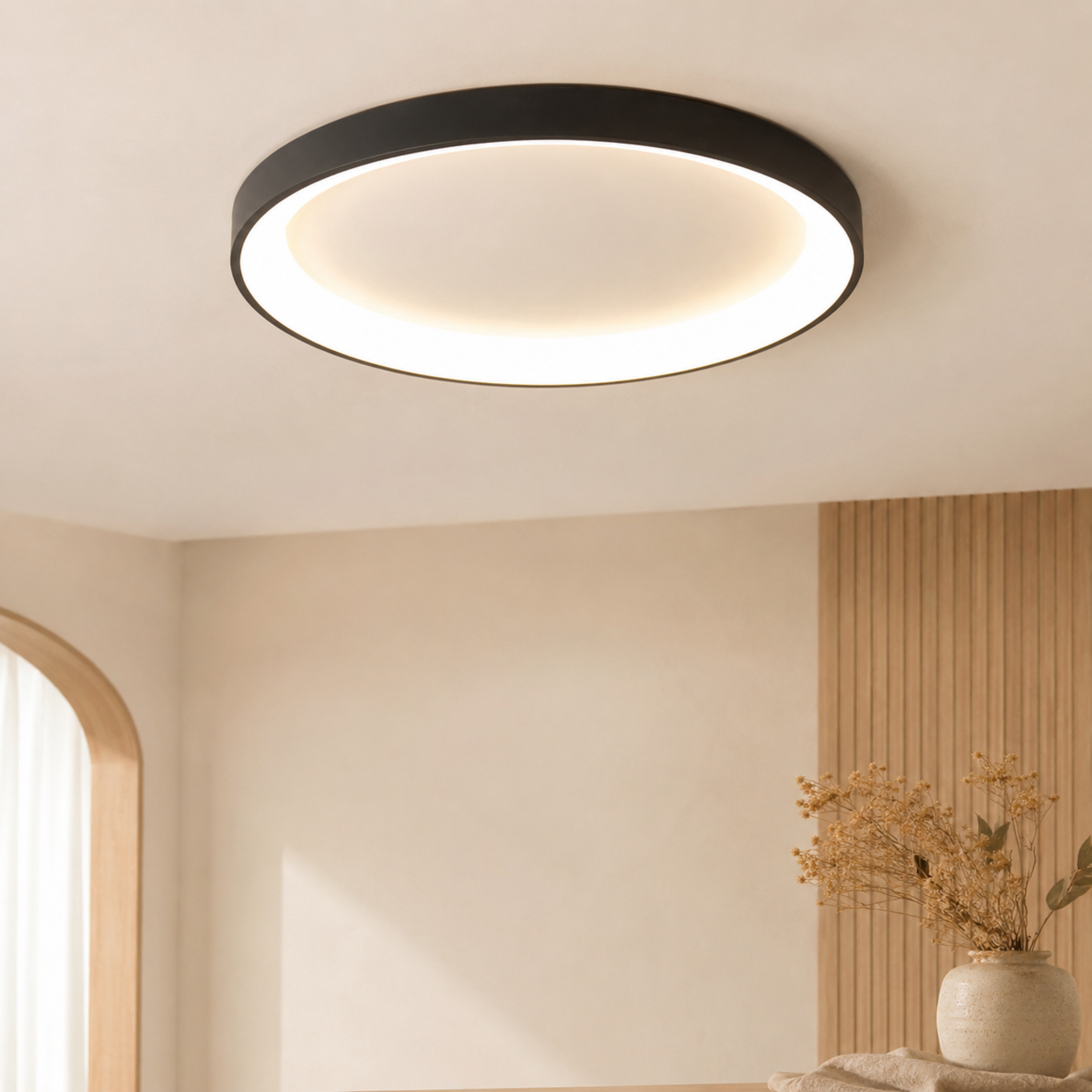 Minimalist Round LED Flush Mount Ceiling Light In Black Or White Single Or Three Ring Set