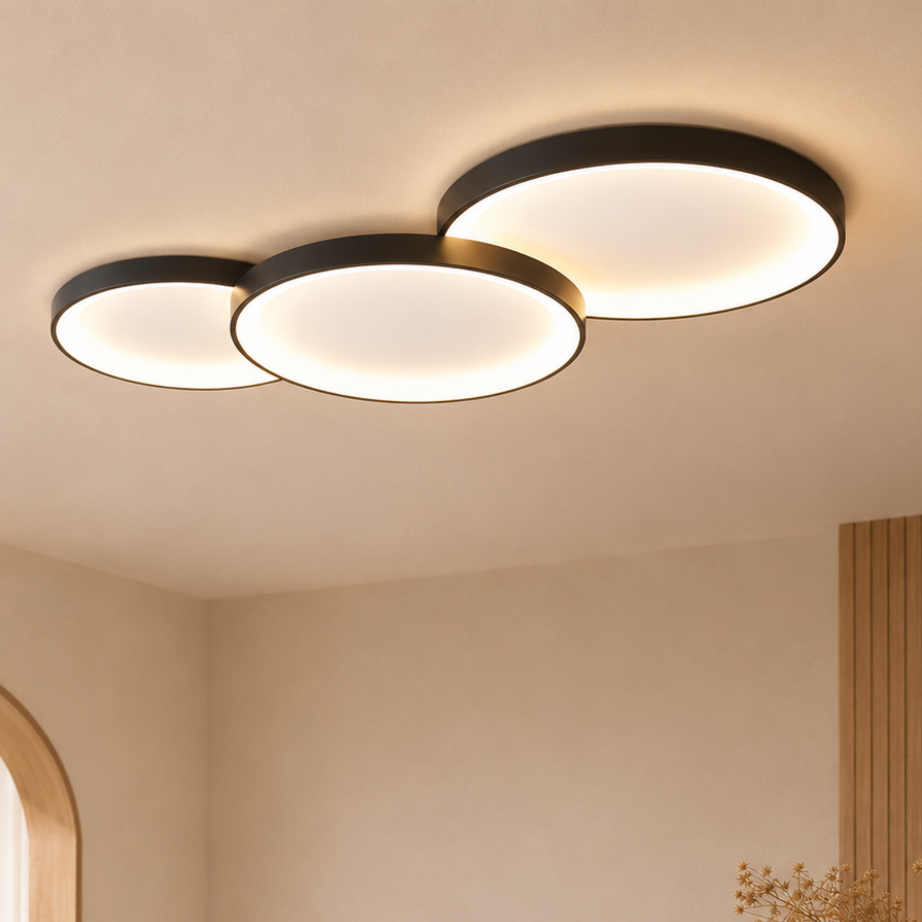 Minimalist Round LED Flush Mount Ceiling Light In Black Or White Single Or Three Ring Set
