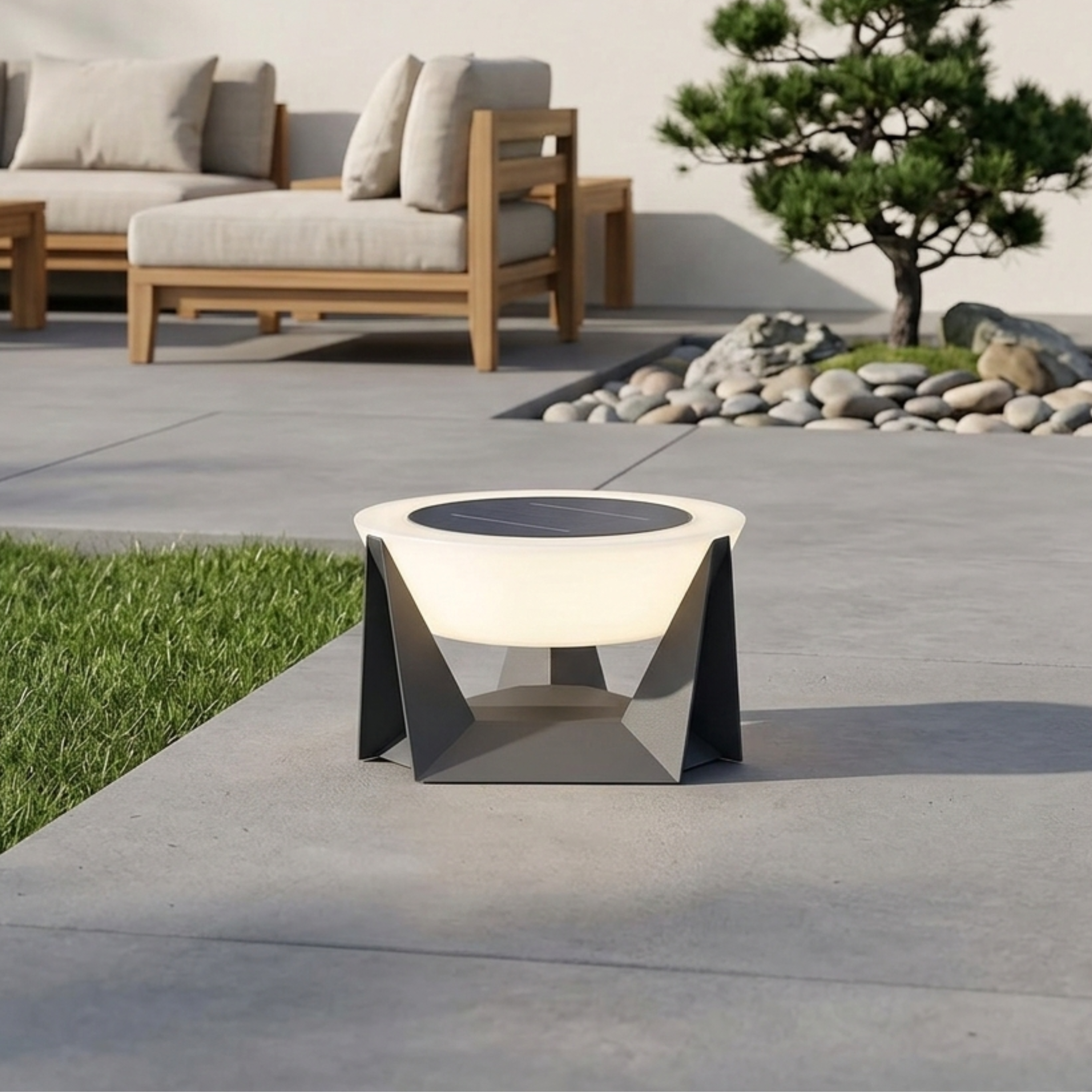 Modern Black Solar LED Garden Light Geometric Base Outdoor Patio Light