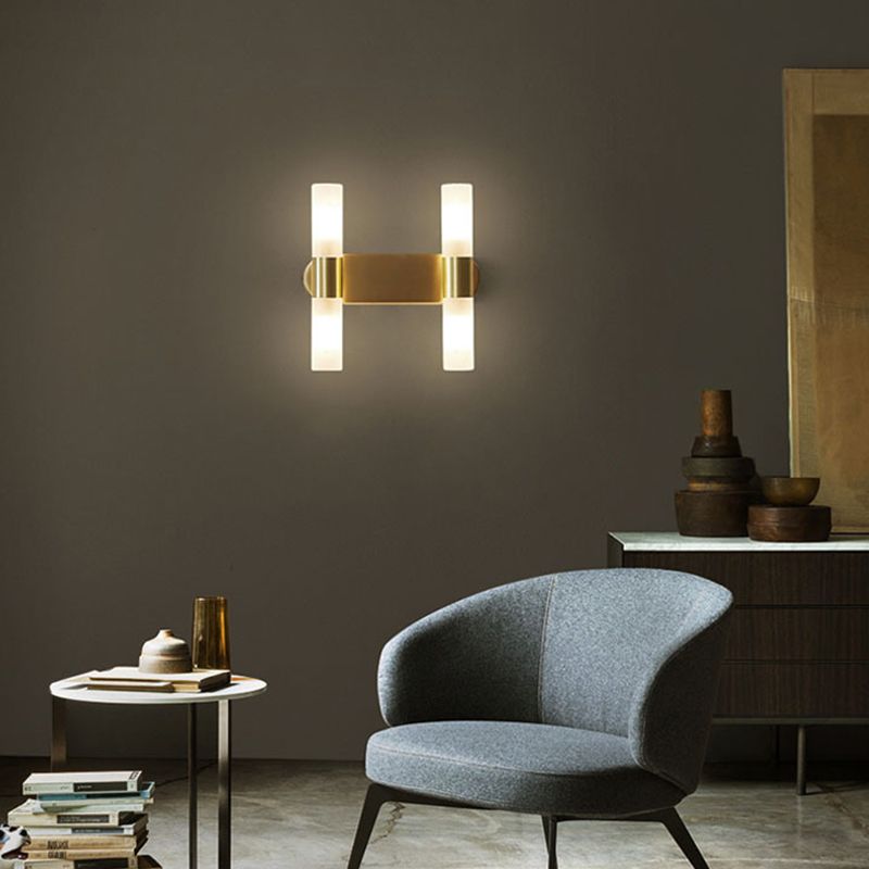 Modern Gold Cylindrical LED Vanity Wall Light With Frosted Acrylic Shades