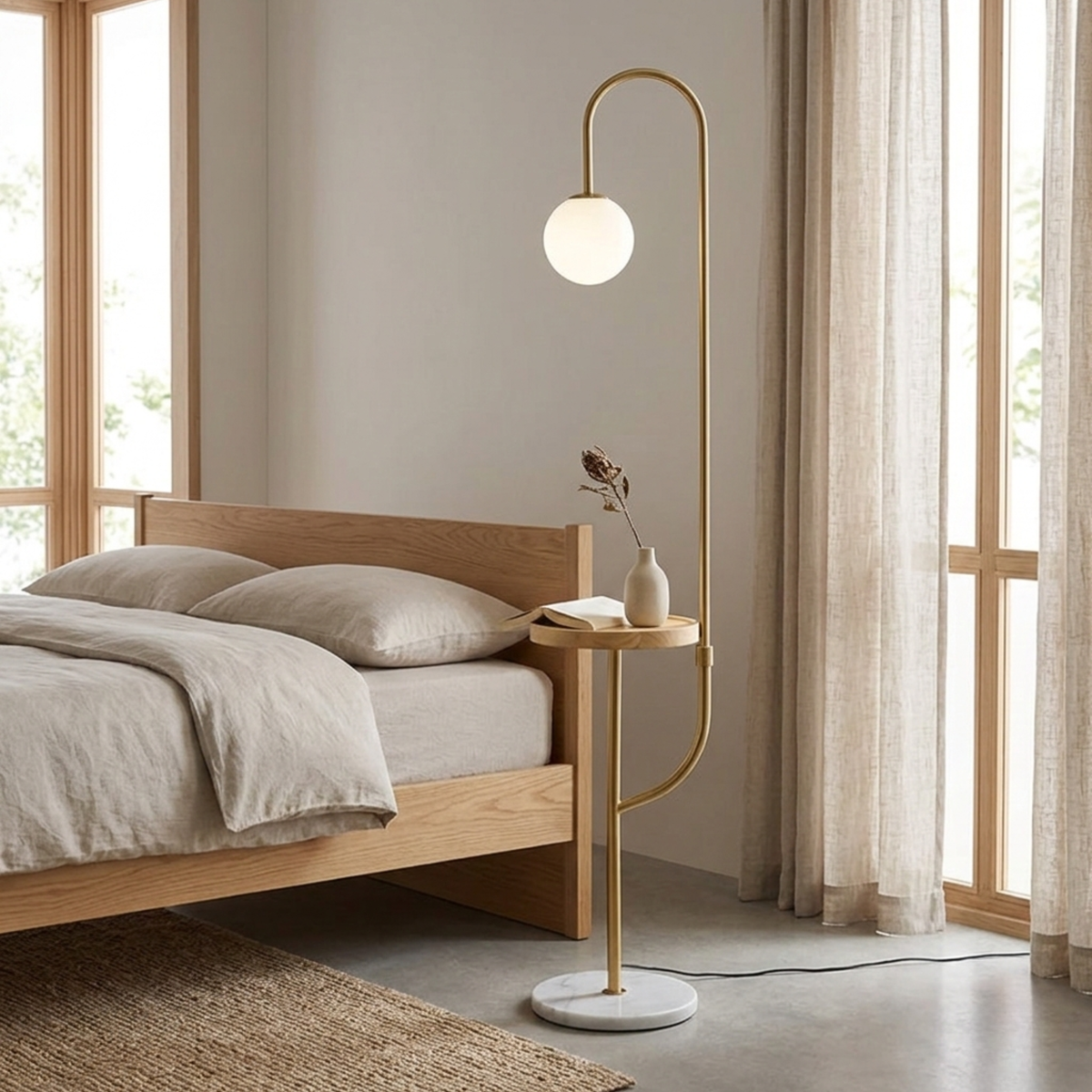 Modern Gold Floor Lamp With Wooden Side Table Wireless Charging And Marble Base