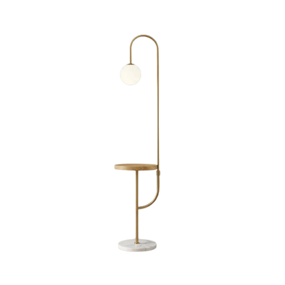 Modern Gold Floor Lamp With Wooden Side Table Wireless Charging And Marble Base