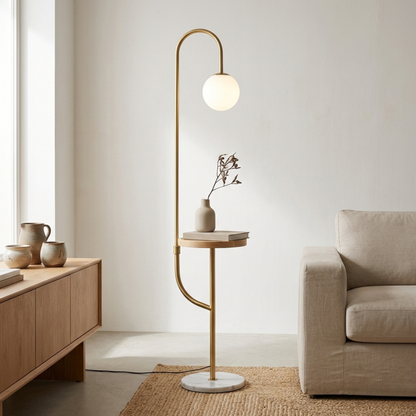 Modern Gold Floor Lamp With Wooden Side Table Wireless Charging And Marble Base