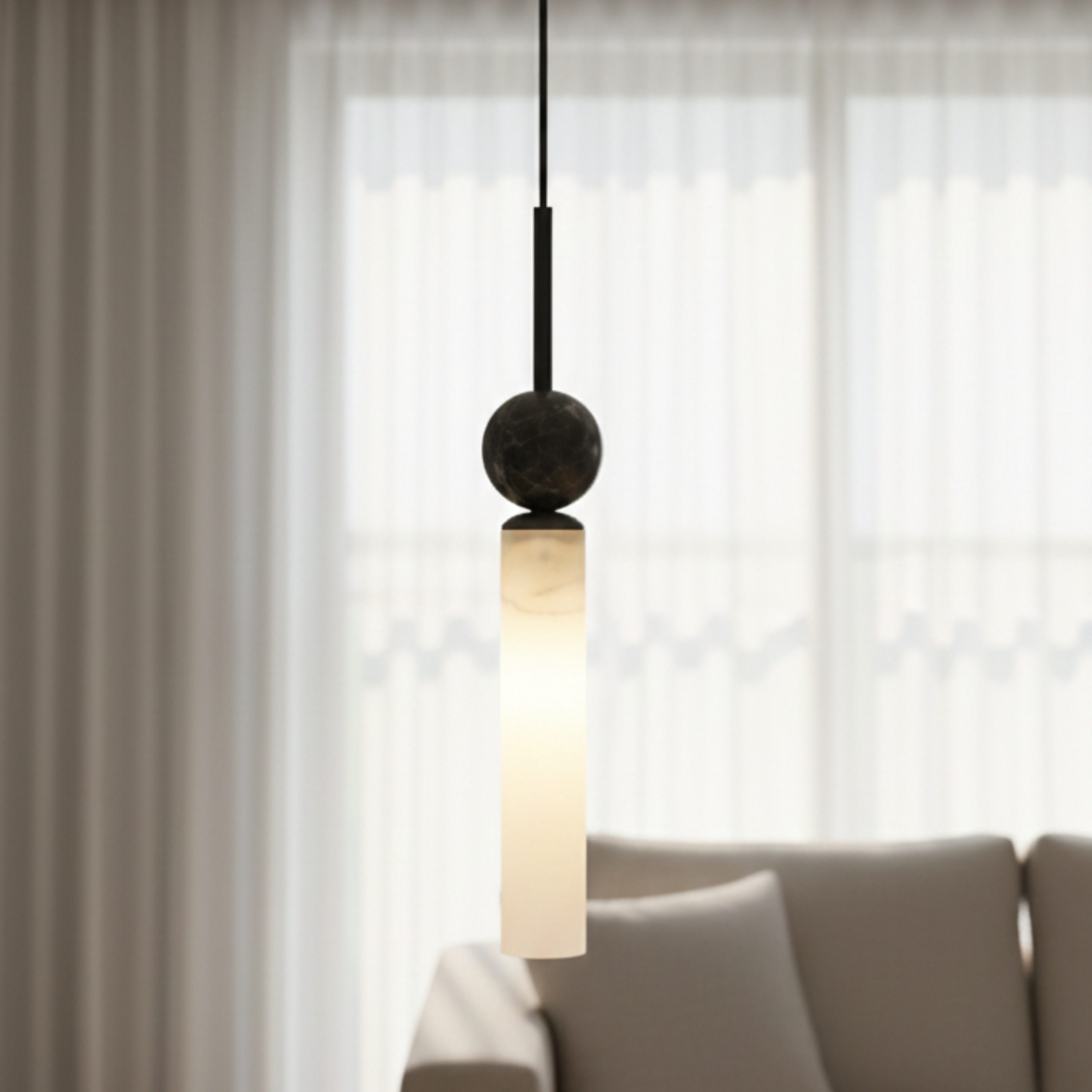 Modern Marble Cylinder LED Pendant Light with Sphere Detail
