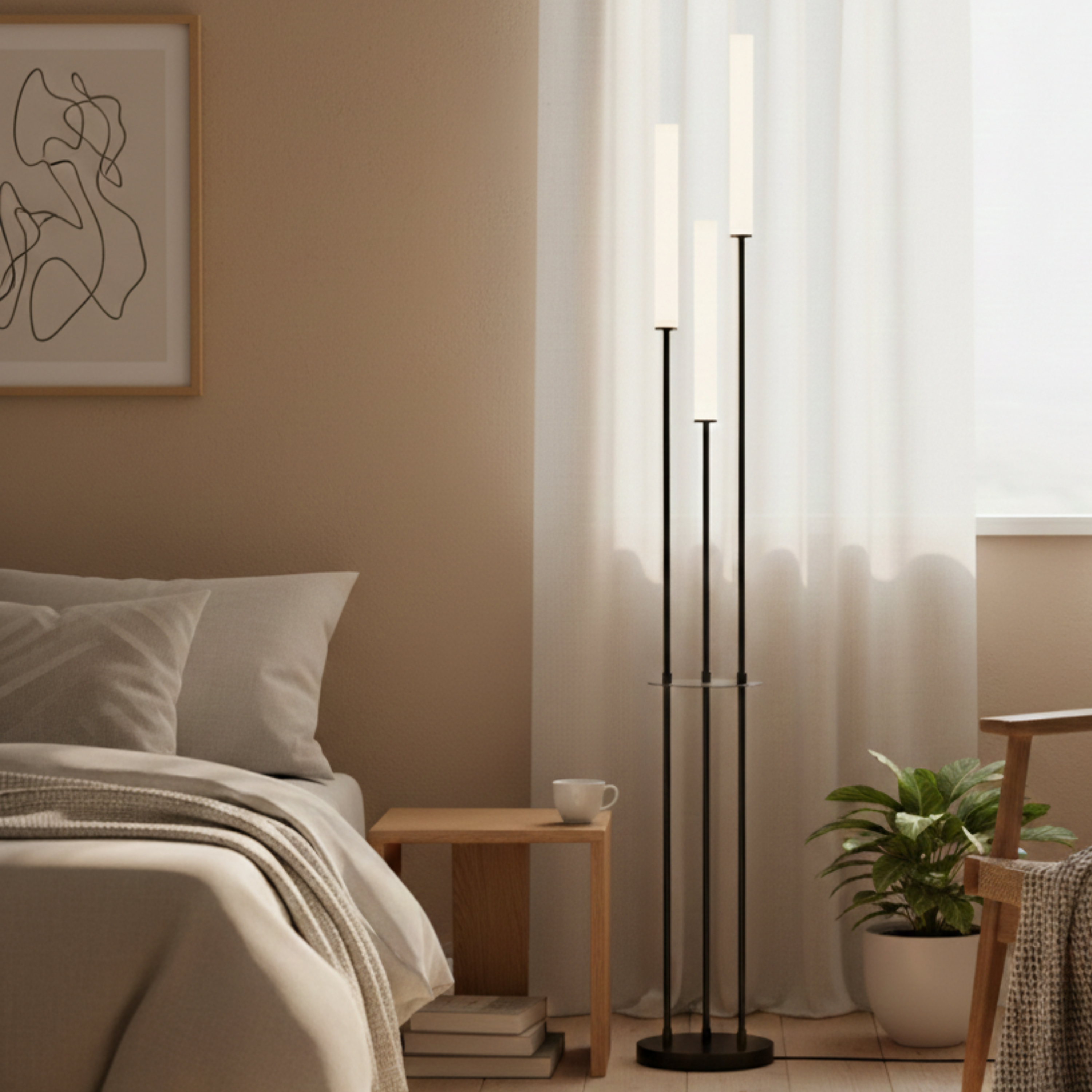 Modern Minimalist Black Aluminium Three Light Dimmable LED Floor Lamp With Remote Control