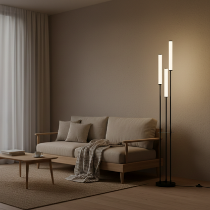 Modern Minimalist Black Aluminium Three Light Dimmable LED Floor Lamp With Remote Control