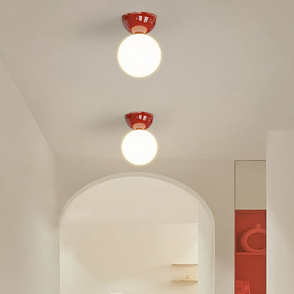 Modern Opal Glass Globe Flush Mount Ceiling Light With Metal Dome In Red Green Or Chrome
