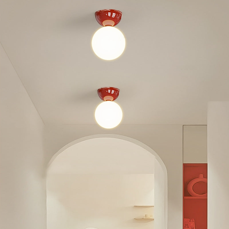 Modern Opal Glass Globe Flush Mount Ceiling Light With Metal Dome In Red Green Or Chrome