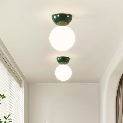 Modern Opal Glass Globe Flush Mount Ceiling Light With Metal Dome In Red Green Or Chrome