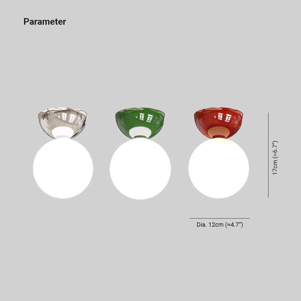Modern Opal Glass Globe Flush Mount Ceiling Light With Metal Dome In Red Green Or Chrome