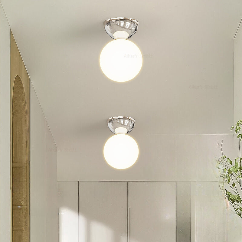 Modern Opal Glass Globe Flush Mount Ceiling Light With Metal Dome In Red Green Or Chrome