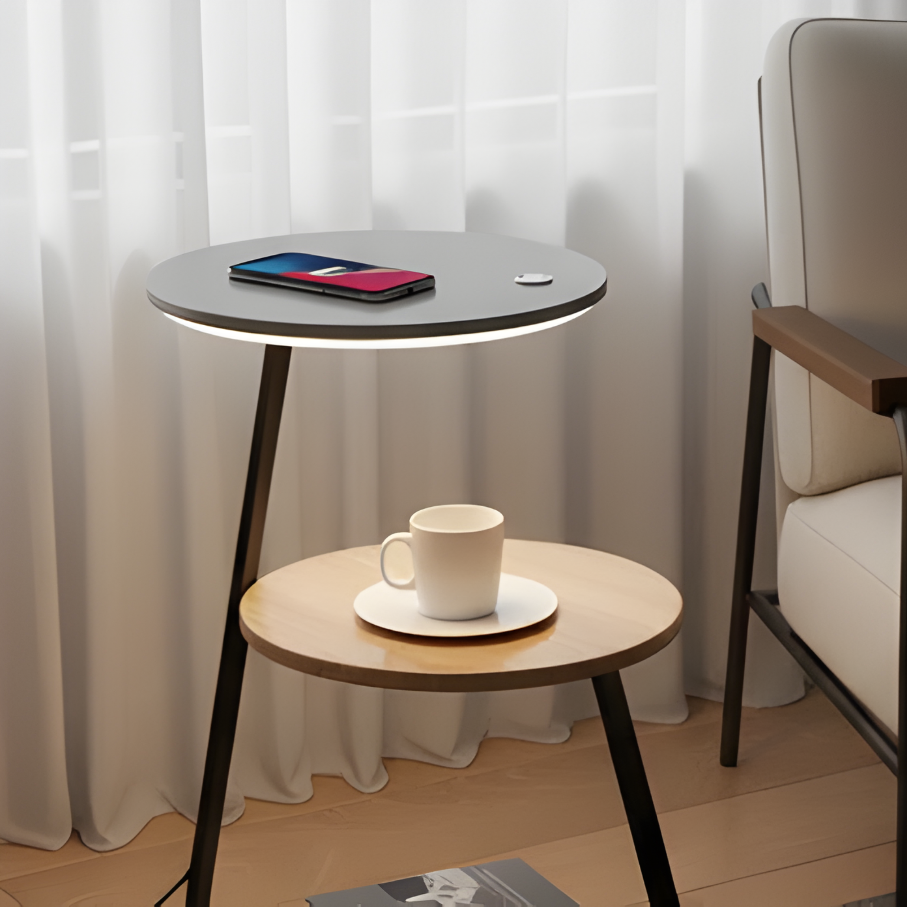 Modern Two Tier LED Side Table With Coated Steel Frame