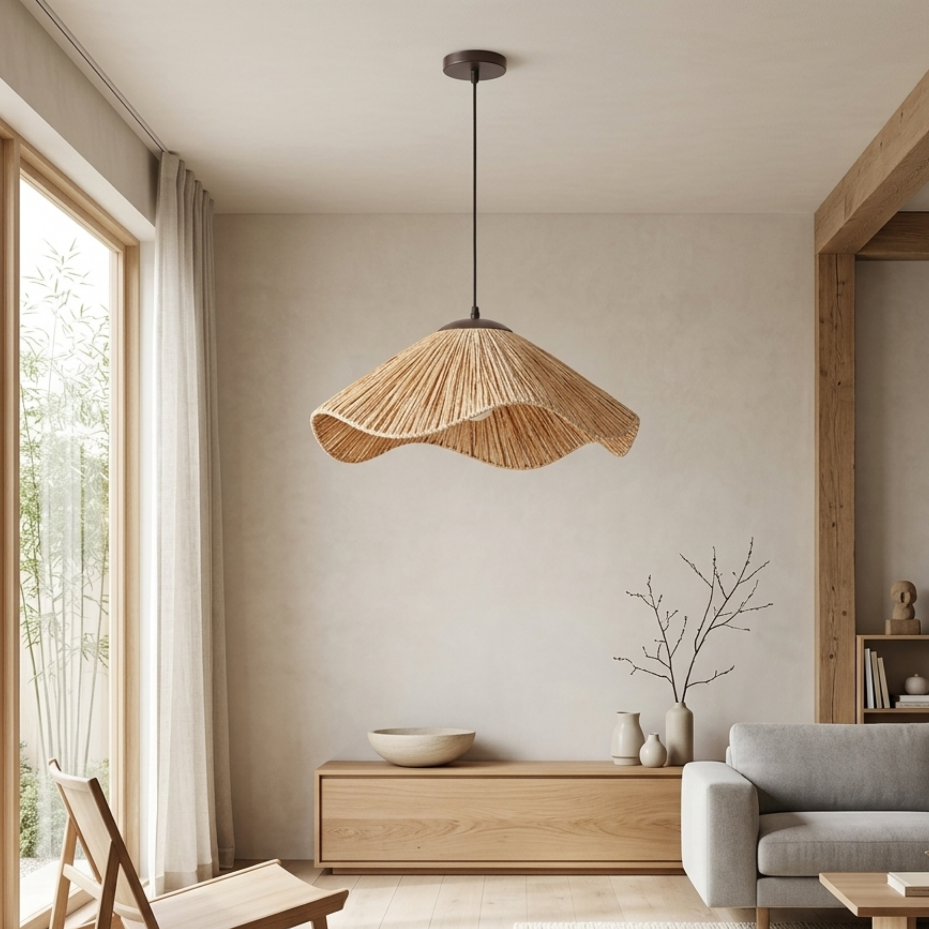 Natural Boho Woven Grass Straw Hat Pendant Light
