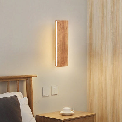 Natural Wood Rectangular LED Wall Sconce Japandi Minimalist Bedside Wall Light