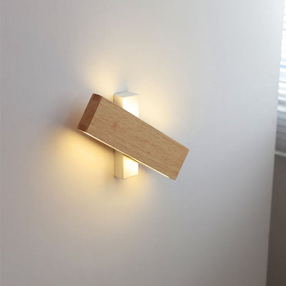 Natural Wood Rectangular LED Wall Sconce Japandi Minimalist Bedside Wall Light