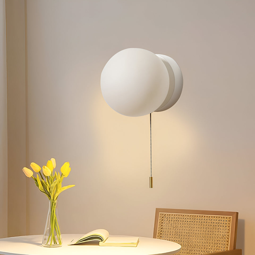 Nordic Frosted Glass Globe LED Wall Light Sconce with Gold Pull Cord