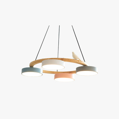 Nordic Wood Ring LED Chandelier Multi Colour Drum Shades With Bird Ornament