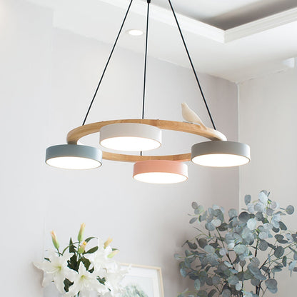 Nordic Wood Ring LED Chandelier Multi Colour Drum Shades With Bird Ornament