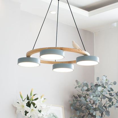 Nordic Wood Ring LED Chandelier Multi Colour Drum Shades With Bird Ornament