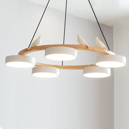 Nordic Wood Ring LED Chandelier Multi Colour Drum Shades With Bird Ornament