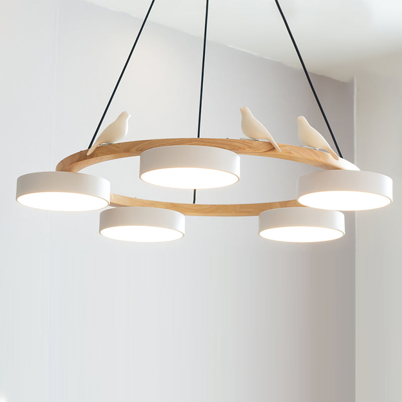 Nordic Wood Ring LED Chandelier Multi Colour Drum Shades With Bird Ornament