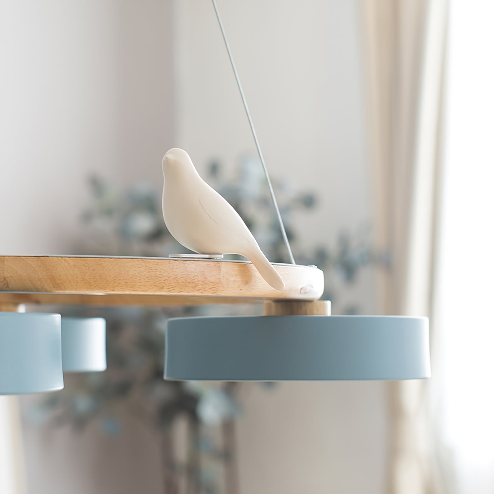Nordic Wood Ring LED Chandelier Multi Colour Drum Shades With Bird Ornament
