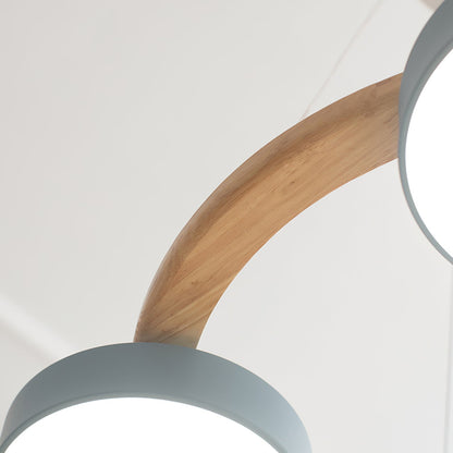 Nordic Wood Ring LED Chandelier Multi Colour Drum Shades With Bird Ornament
