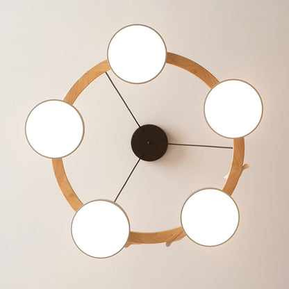 Nordic Wood Ring LED Chandelier Multi Colour Drum Shades With Bird Ornament