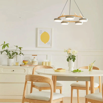 Nordic Wood Ring LED Chandelier Multi Colour Drum Shades With Bird Ornament