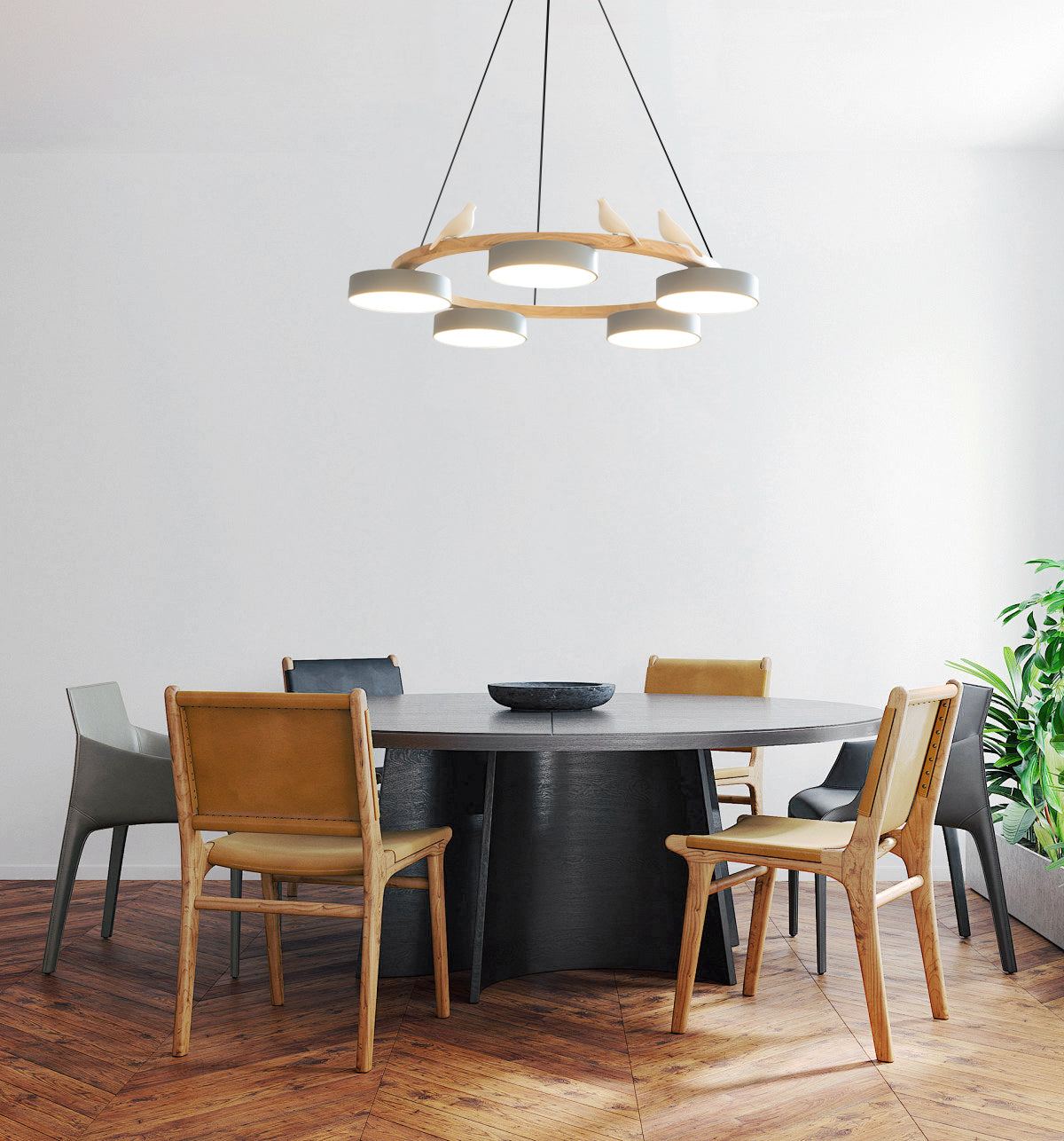Nordic Wood Ring LED Chandelier Multi Colour Drum Shades With Bird Ornament