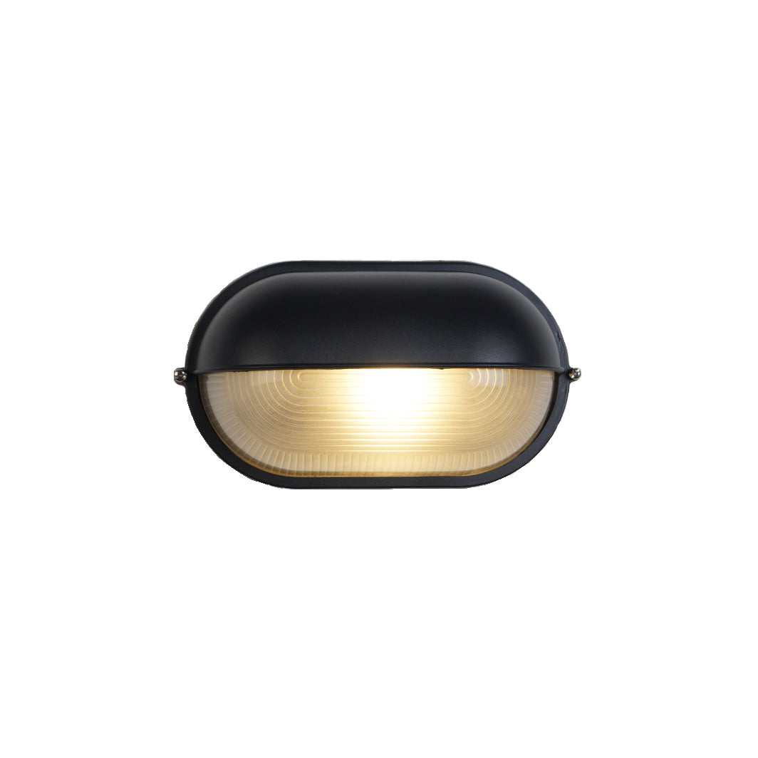 Oval Ribbed Glass Outdoor Wall Light Black Industrial Bulkhead