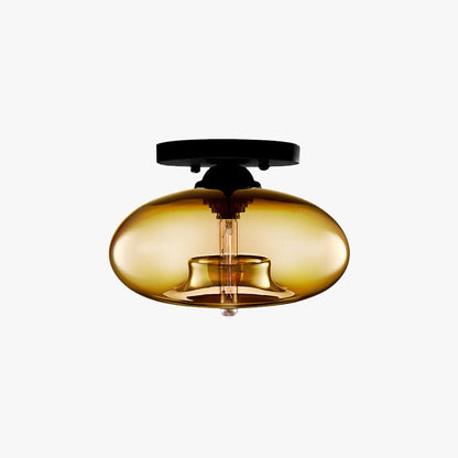Oval Tinted Glass Flush Mount Ceiling Light Black Metal Fixture Art Deco