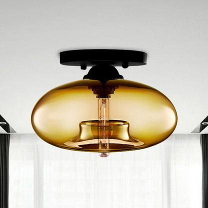 Oval Tinted Glass Flush Mount Ceiling Light Black Metal Fixture Art Deco
