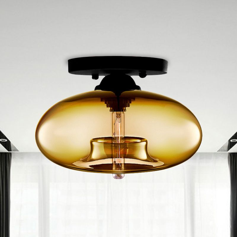 Oval Tinted Glass Flush Mount Ceiling Light Black Metal Fixture Art Deco