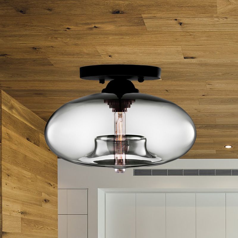 Oval Tinted Glass Flush Mount Ceiling Light Black Metal Fixture Art Deco