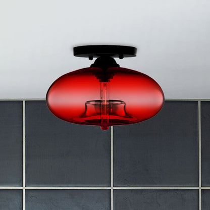 Oval Tinted Glass Flush Mount Ceiling Light Black Metal Fixture Art Deco