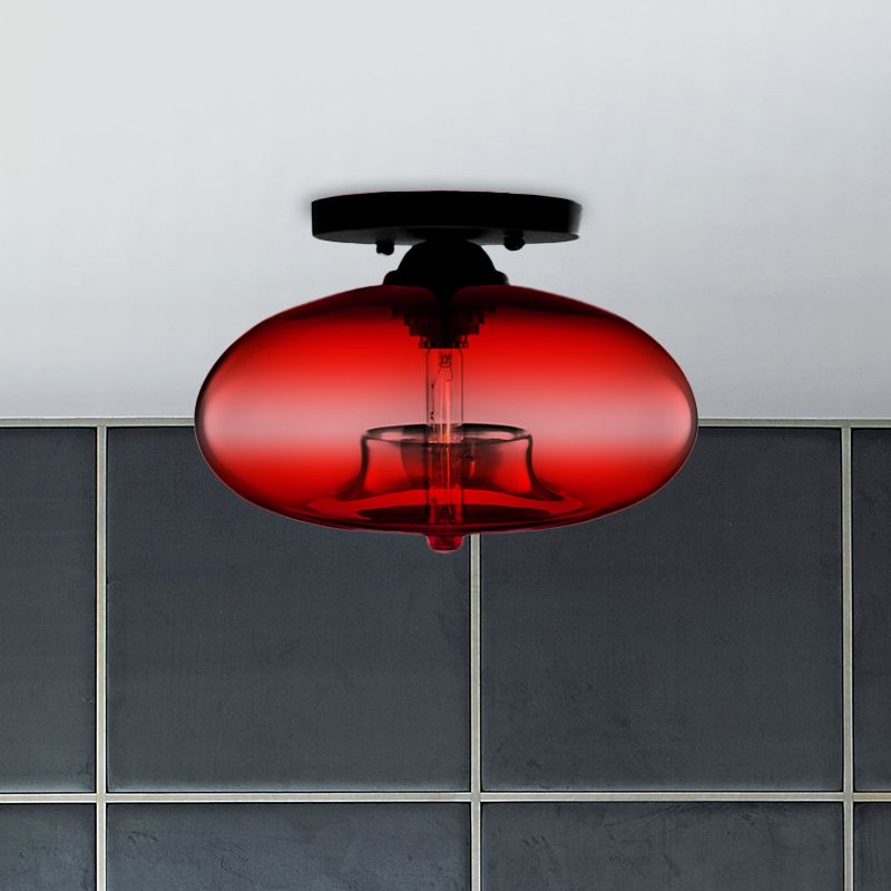 Oval Tinted Glass Flush Mount Ceiling Light Black Metal Fixture Art Deco
