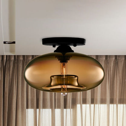 Oval Tinted Glass Flush Mount Ceiling Light Black Metal Fixture Art Deco
