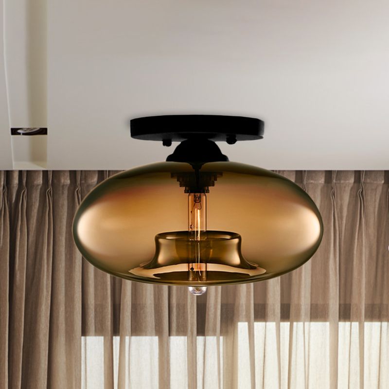 Oval Tinted Glass Flush Mount Ceiling Light Black Metal Fixture Art Deco