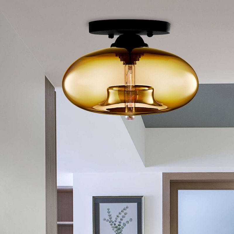 Oval Tinted Glass Flush Mount Ceiling Light Black Metal Fixture Art Deco