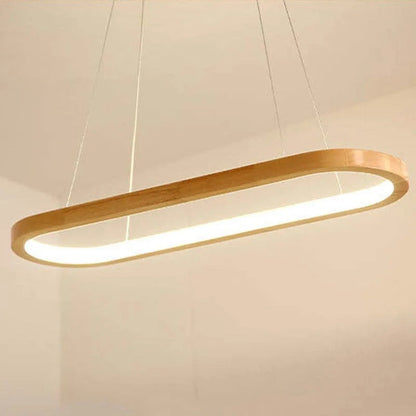 Oval Wooden Ring LED Pendant Light Japandi Wood Kitchen Island Light
