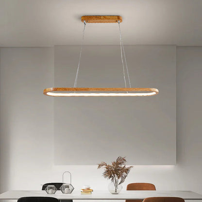 Oval Wooden Ring LED Pendant Light Japandi Wood Kitchen Island Light