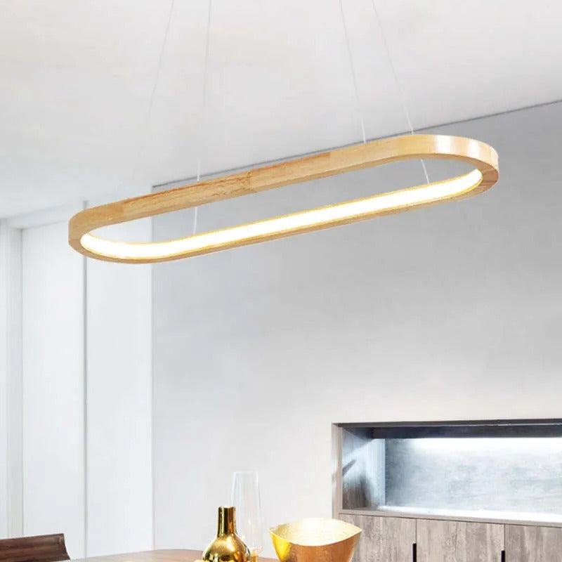 Oval Wooden Ring LED Pendant Light Japandi Wood Kitchen Island Light
