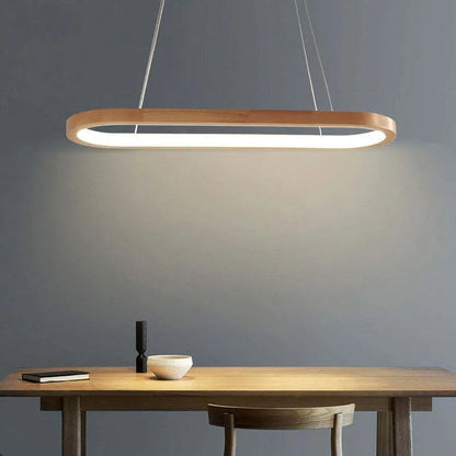 Oval Wooden Ring LED Pendant Light Japandi Wood Kitchen Island Light