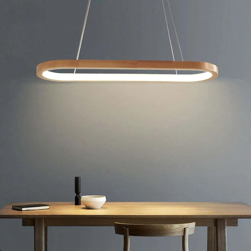 Oval Wooden Ring LED Pendant Light Japandi Wood Kitchen Island Light