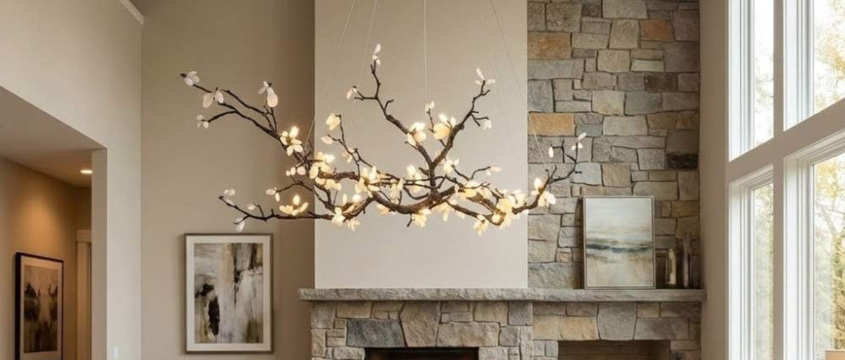Living room lit by a branch chandelier from parkdalehouse