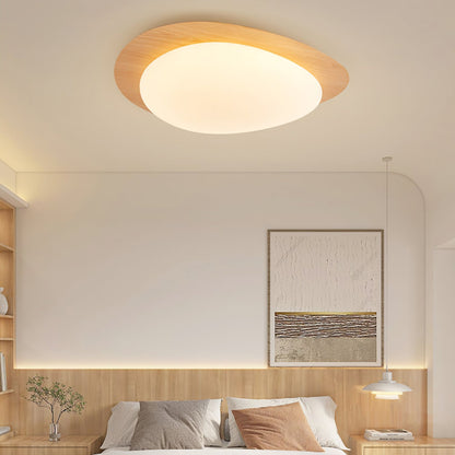 Pebble Shaped LED Flush Mount Ceiling Light Walnut Wood Grain Japandi