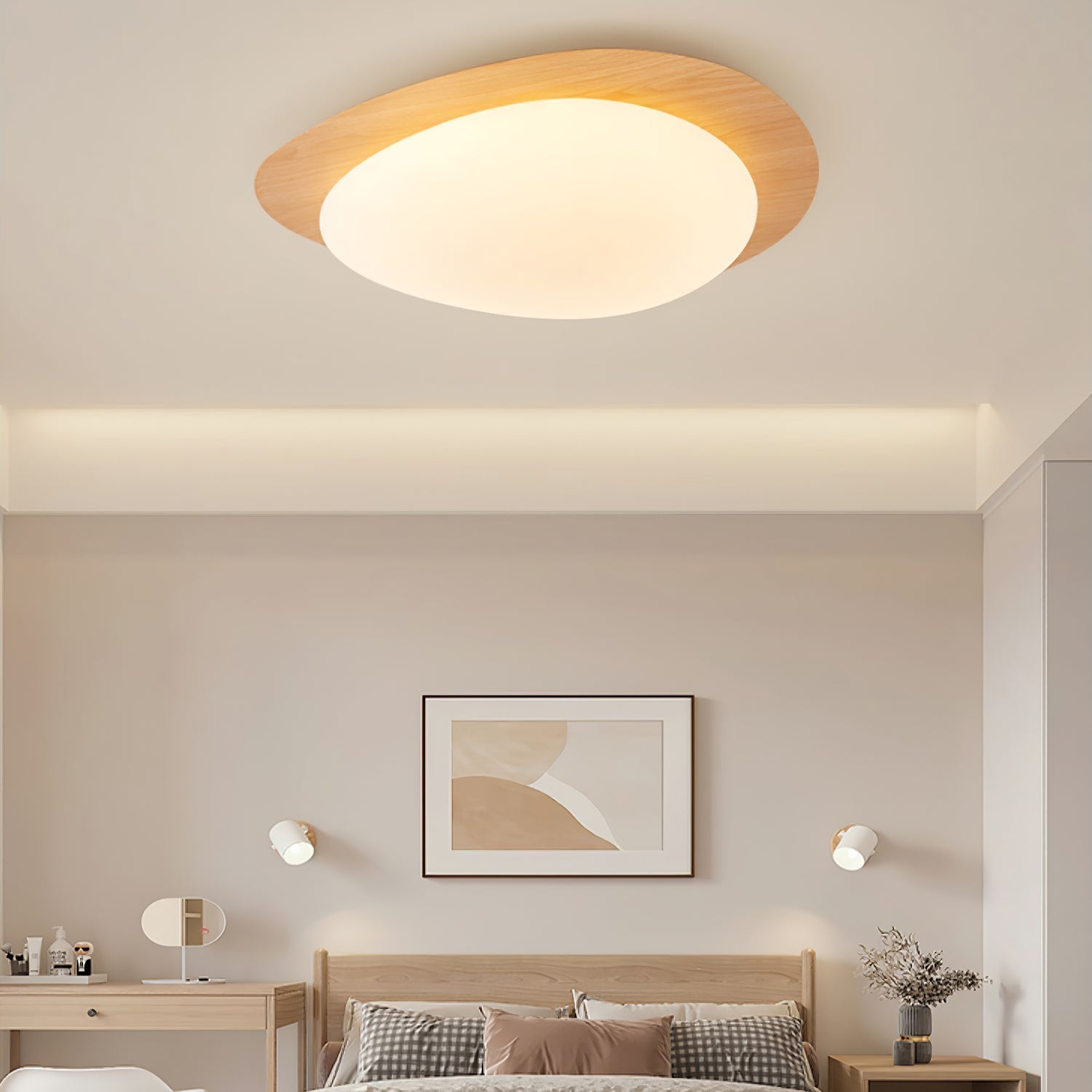 Pebble Shaped LED Flush Mount Ceiling Light Walnut Wood Grain Japandi