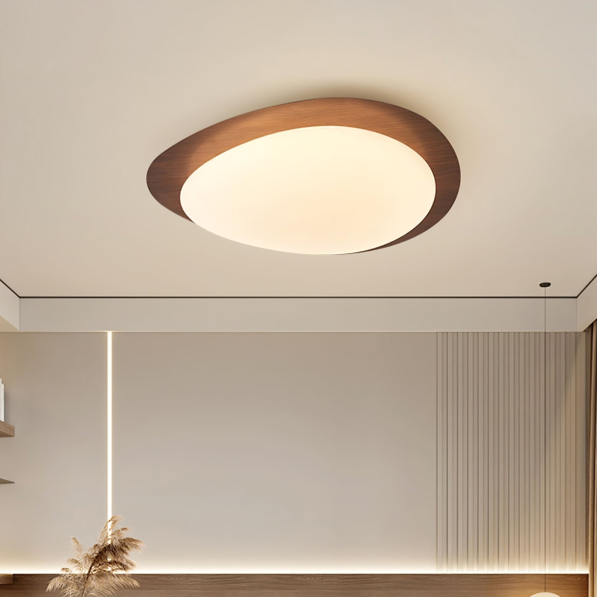 Pebble Shaped LED Flush Mount Ceiling Light Walnut Wood Grain Japandi